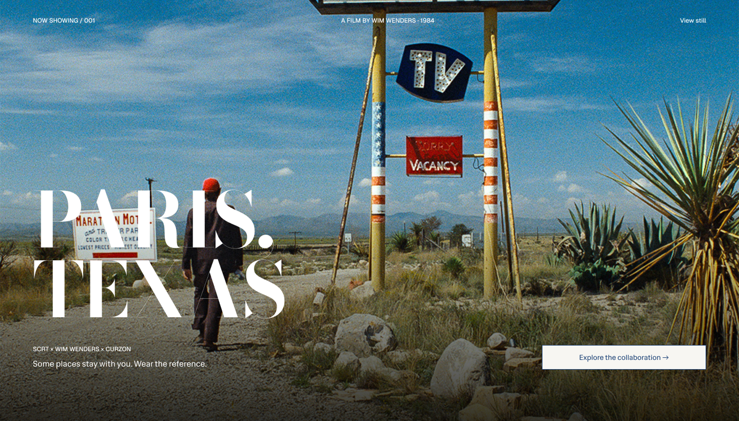 SCRT cinematic opening page for a Paris, Texas collaboration with Wim Wenders and Curzon