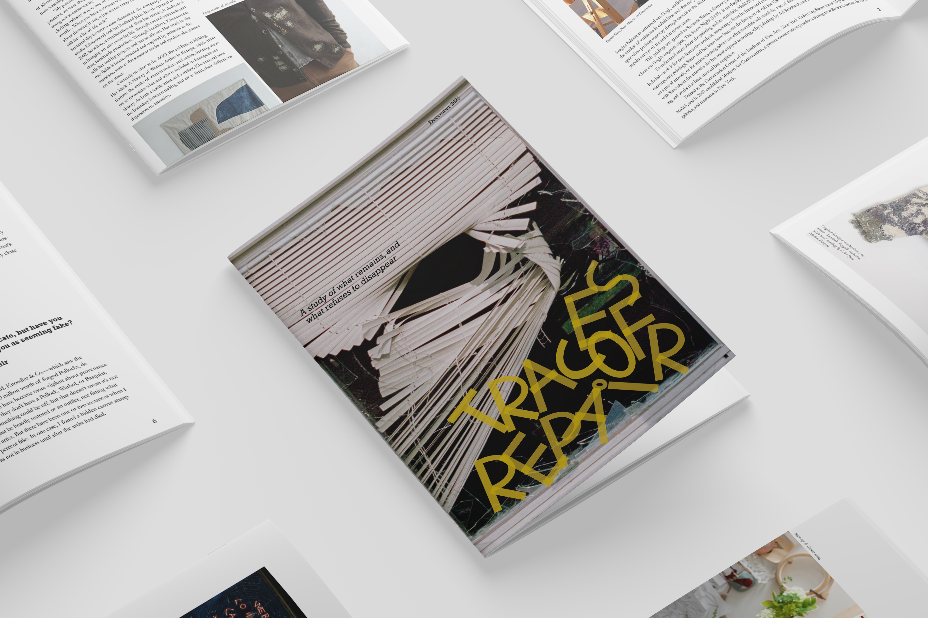 Traces of Repair publication arranged with open editorial spreads